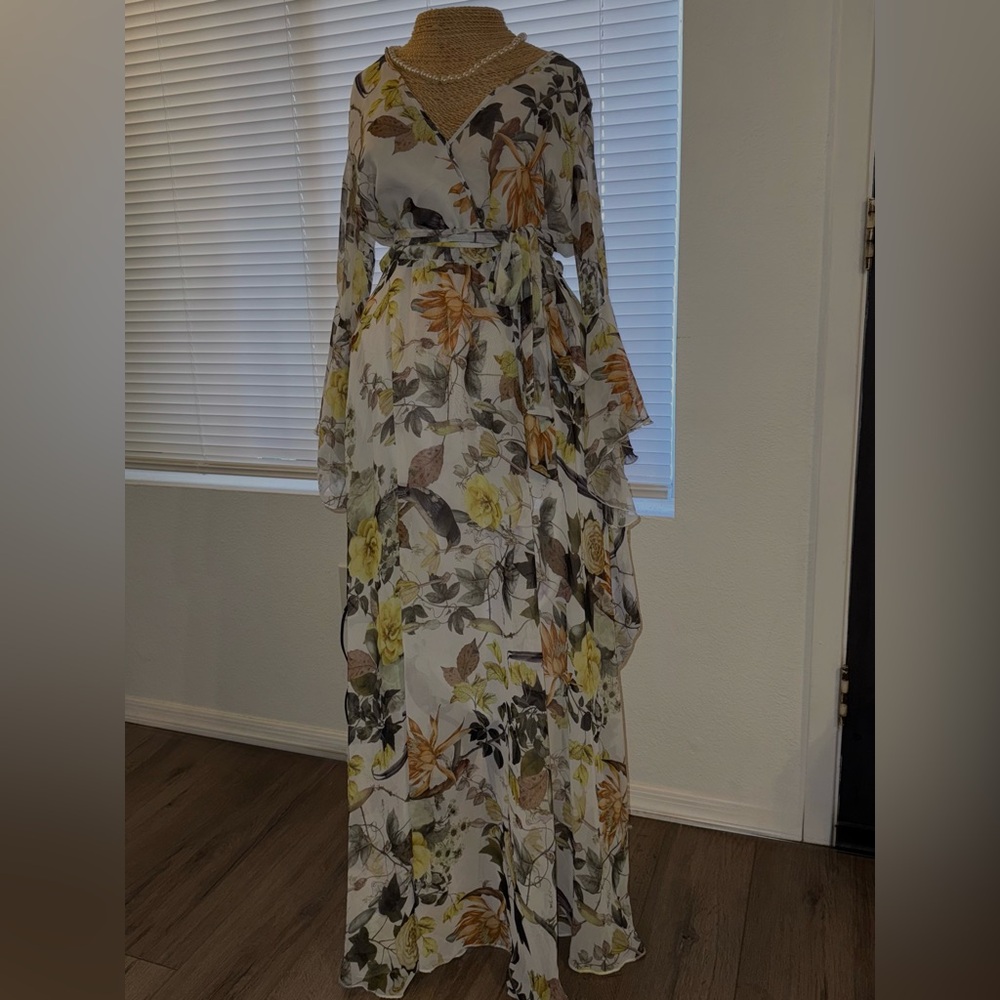 Cream Ruffled Tiered Gown with Bell Sleeves